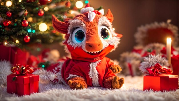 Un mignon petit dragon dans un chapeau de Père Noël.