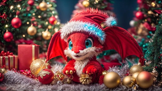 Un mignon petit dragon dans un chapeau de Père Noël.