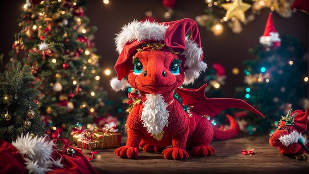 Un mignon petit dragon dans un chapeau de Père Noël.