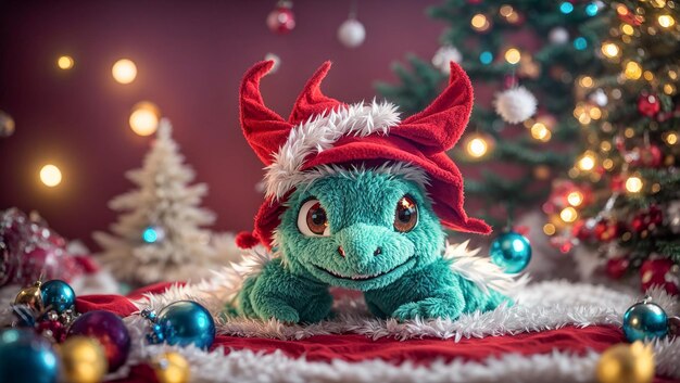 Un mignon petit dragon dans un chapeau de Père Noël.