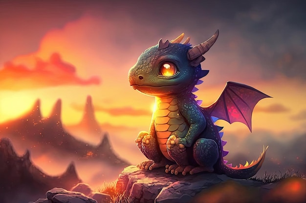 Mignon petit dragon entouré d'un lever de soleil coloré et magique