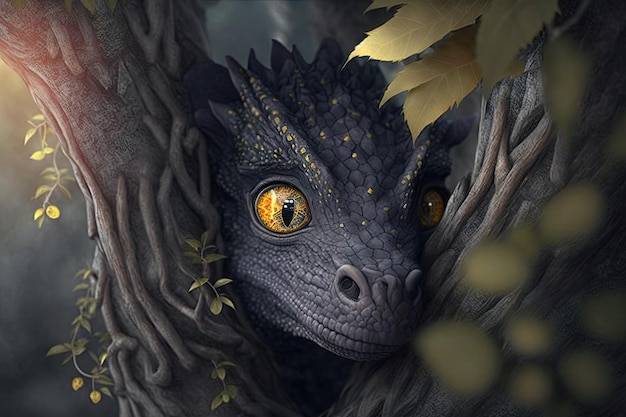 Mignon petit dragon jetant un coup d'œil derrière l'arbre avec ses yeux jaunes brillants