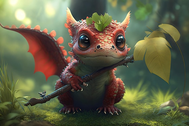 Mignon petit dragon jouant avec un bâton dans le jardin