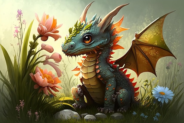 Mignon petit dragon jouant dans le pré avec des papillons et des fleurs