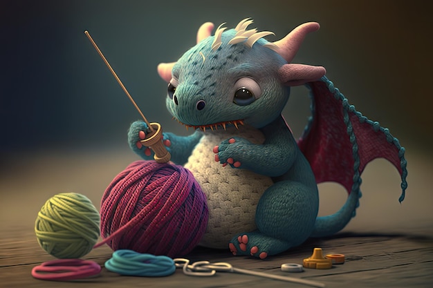 Mignon petit dragon jouant avec sa pelote de laine préférée