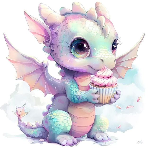 Un mignon petit dragon qui mange un cupcake