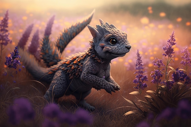 Mignon petit dragon qui traverse un champ de fleurs