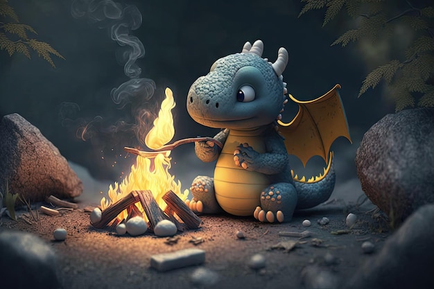 Mignon petit dragon rôtissant de la guimauve sur un feu de camp