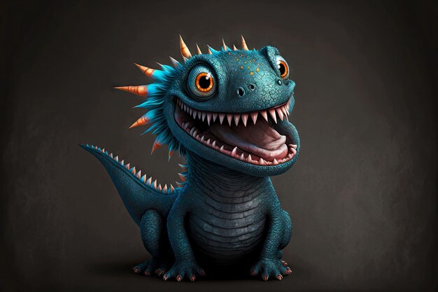 Mignon petit dragon avec sourire drôle sur fond sombre ai générative