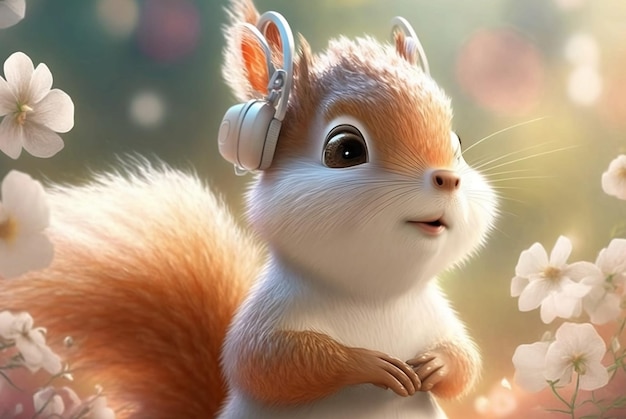 Mignon petit écureuil de dessin animé moelleux avec un casque sur