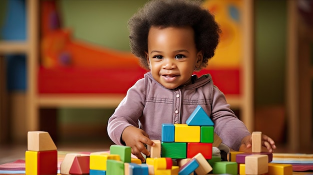 Un mignon petit enfant afro-américain qui apprend à jouer avec des blocs de bois dans la maison.