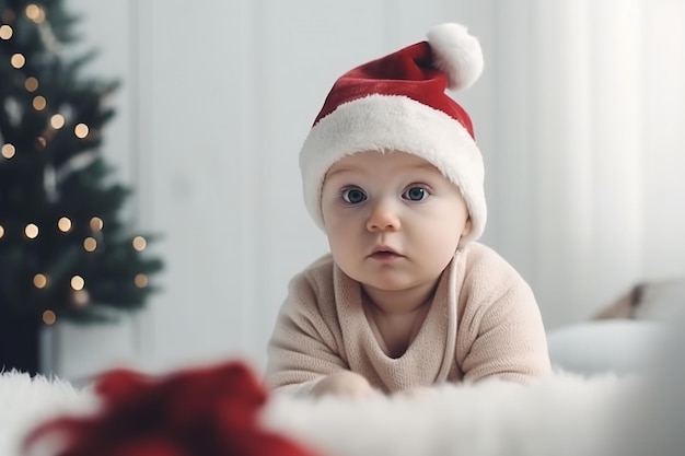 Un mignon petit enfant dans un chapeau de Père Noël sur le fond d'un arbre de Noël