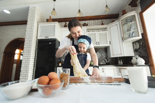 Mignon petit enfant fille aidant maman à pétrir la préparation de la pâte dans un bol ensemble dans une cuisine moderne