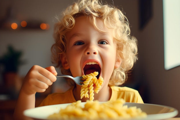 Mignon petit enfant garçon mangeant des spaghettis à la bolognaise ou des pâtes macaronis à la bolognaise à la maison Heureux enfant mangeant des repas sains frais cuits avec des nouilles Generative Ai