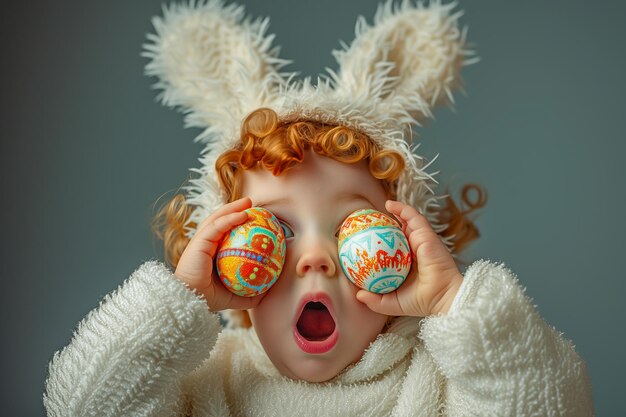 un mignon petit enfant avec des oreilles de lapin tient des œufs de Pâques par les yeux carte de vacances de Pâque avec espace de copie