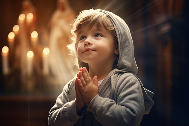 Photo un mignon petit garçon afro-américain priant dans l'église et jésus donnant sa bénédiction