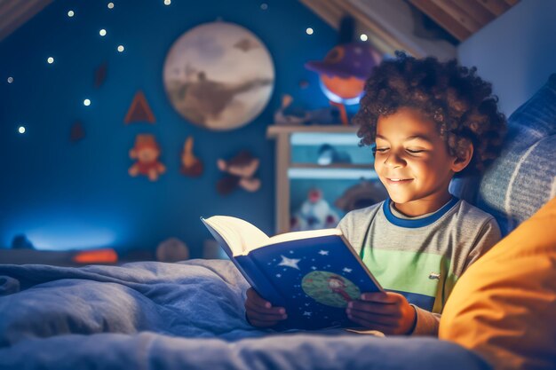 Photo un mignon petit garçon afro-américain qui lit un livre intéressant au lit et rêve de l'espace.