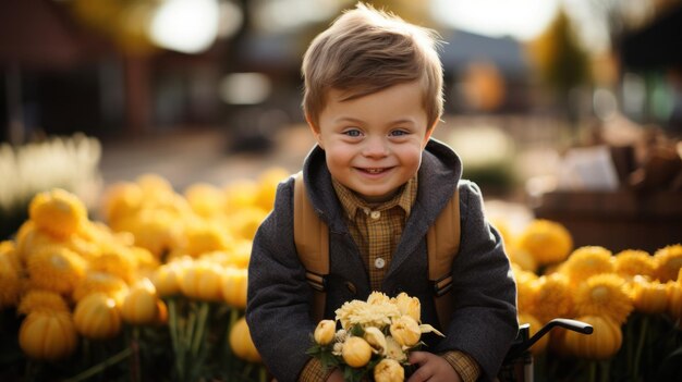 Un mignon petit garçon atteint du syndrome de Down tient un bouquet de tulipes jaunes