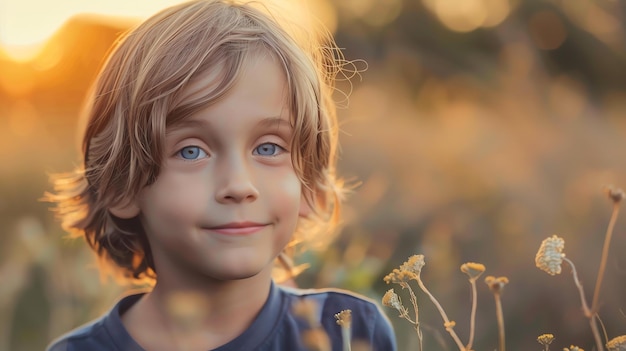 Un mignon petit garçon aux cheveux blonds et aux yeux bleus souriant dans un champ de fleurs