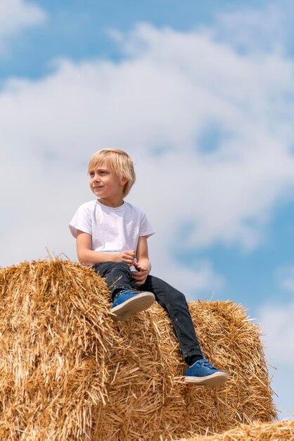 Mignon petit garçon blond en T-shirt blanc est assis sur une botte de foin dans le champ et regarde au loin Vacances d'été