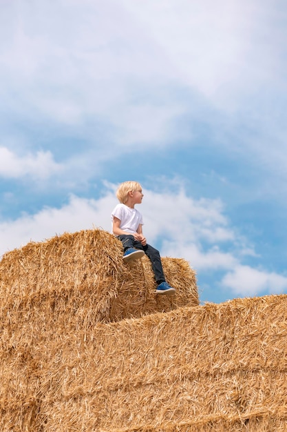 Mignon petit garçon blond en T-shirt blanc est assis sur une botte de foin sur le terrain Garçon regardant au loin Vacances d'été