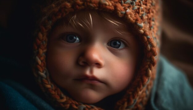 Mignon petit garçon caucasien souriant dans un bonnet chaud à l'extérieur généré par l'IA
