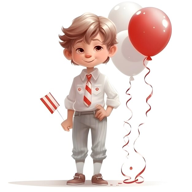 Mignon petit garçon en chemise blanche et jeans bleus avec des ballons rouges et blancs