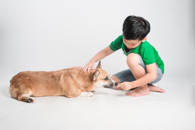 Mignon petit garçon avec chien isolé