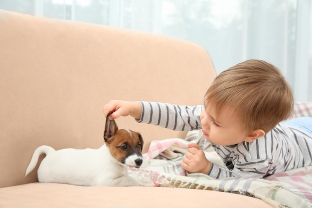 Mignon petit garçon avec chiot sur canapé à la maison