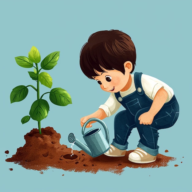 Un mignon petit garçon de dessin animé arrosant une jeune plante