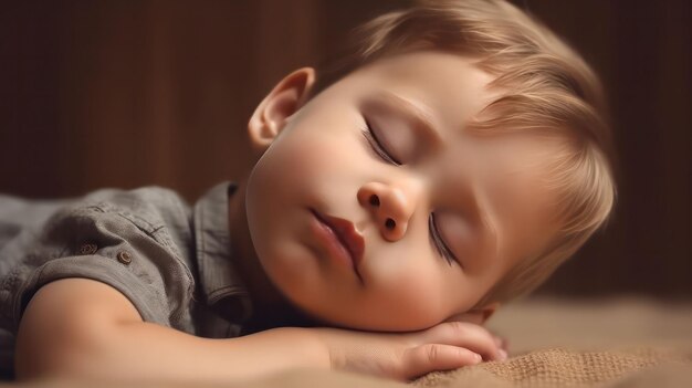 Le mignon petit garçon de l'Europe allongé sur le sol dormant avec les yeux fermés sur un fond brun clair