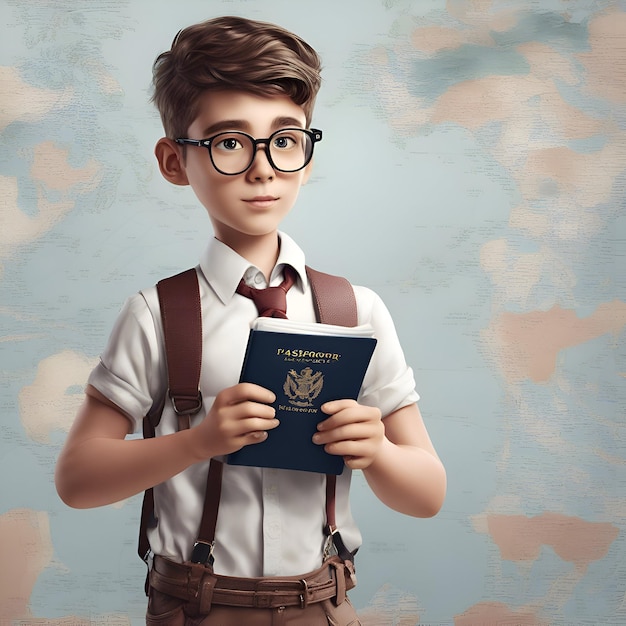 Un mignon petit garçon à lunettes tient un livre et regarde le concept d'éducation de la caméra
