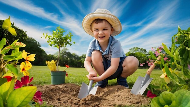 Un mignon petit garçon plantant un arbre dans un parc