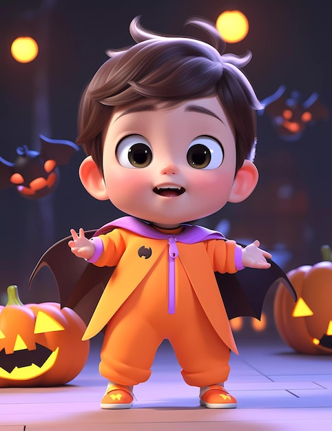 mignon petit garçon portant un drôle de costume de dracula avec une citrouille d'halloween