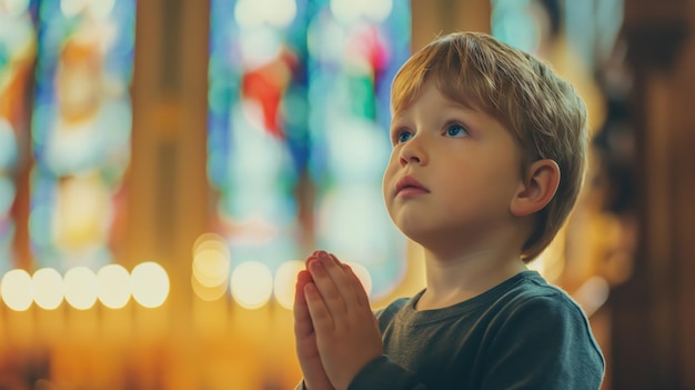 Photo un mignon petit garçon qui prie dans l'église