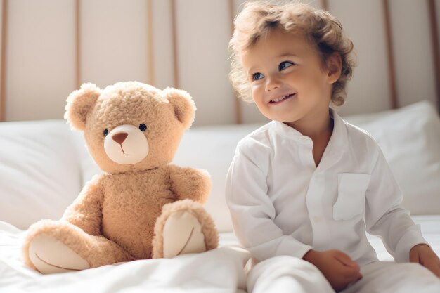 Un mignon petit garçon souriant avec un ours en peluche