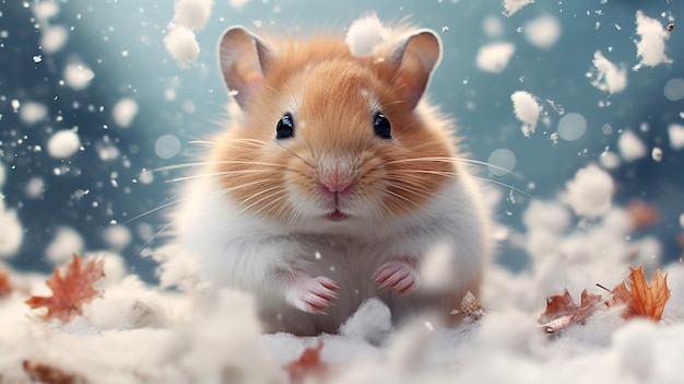 mignon petit hamster moelleux sur la neige à l'extérieur