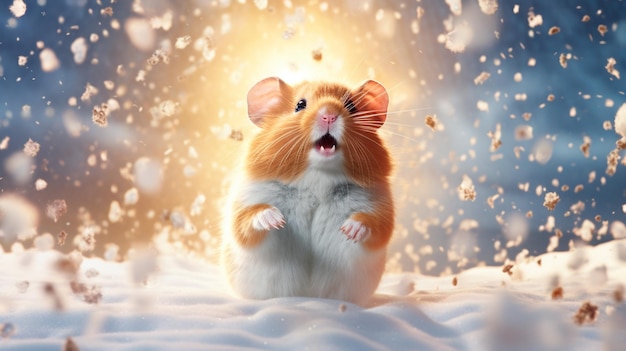 mignon petit hamster moelleux sur la neige à l'extérieur