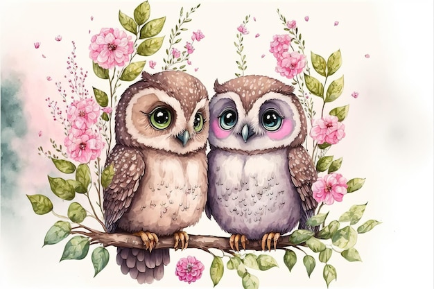 Mignon petit hibou amoureux sur le style de dessin animé dessiné à la main de la Saint-Valentin romantique