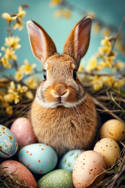 Un mignon petit lapin assis parmi des œufs