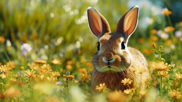 Mignon petit lapin dans le pré avec des fleurs printemps nature fond