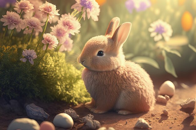 Mignon petit lapin de Pâques dans l'herbe et les fleurs AI