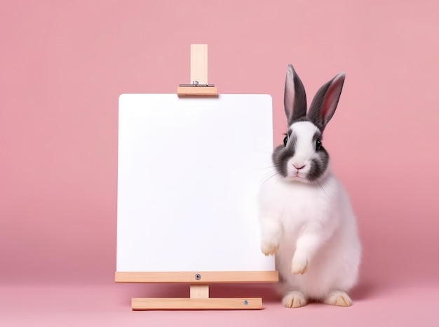 Un mignon petit lapin tenant avec un tableau blanc vierge sur fond de couleur pastel isolé joyeuses pâques concept ai générative