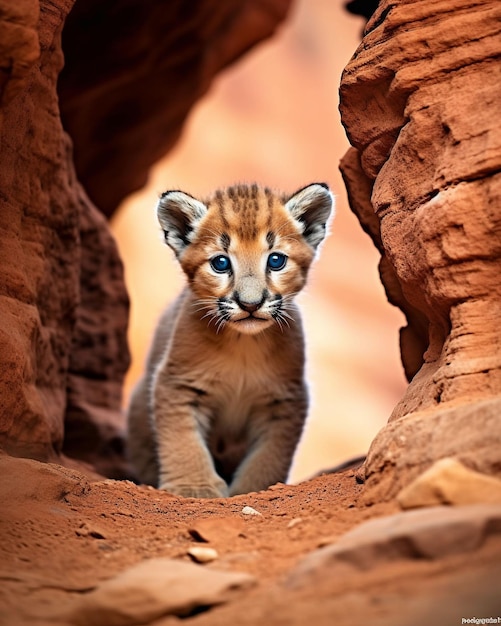 Mignon petit lionceau de montagne moelleux sur une mission secrète ai générative