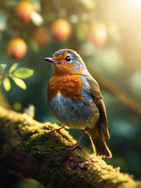 Photo un mignon petit oiseau robin coloré perché sur l'arbre magique généré par l'ia