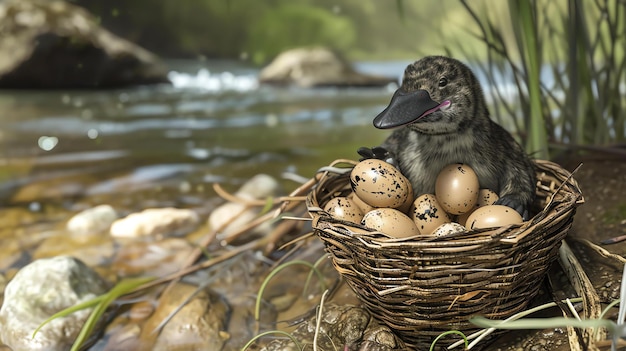 Un mignon petit ornithorynque est assis dans un nid d'œufs sur les rives d'une rivière l'ornithoryncle regarde la caméra avec une expression curieuse