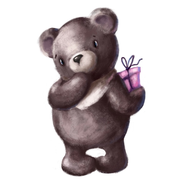 Mignon petit ours avec boîte de cadeau d'anniversaire illustration pour enfants aquarelle avec personnage de dessin animé