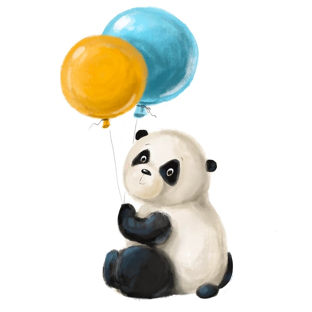 Mignon petit panda avec illustration pour enfants de ballons avec clipart aquarelle de personnage de dessin animé