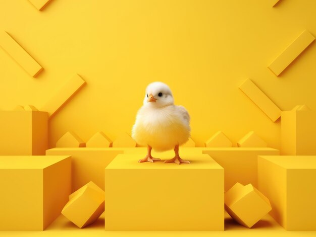 Mignon petit poulet debout sur fond jaune concept abstrait de Pâques ai