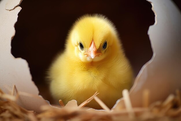Un mignon petit poussin rampant hors d'un œuf blanc isolé sur un fond sombre de studio Pâques